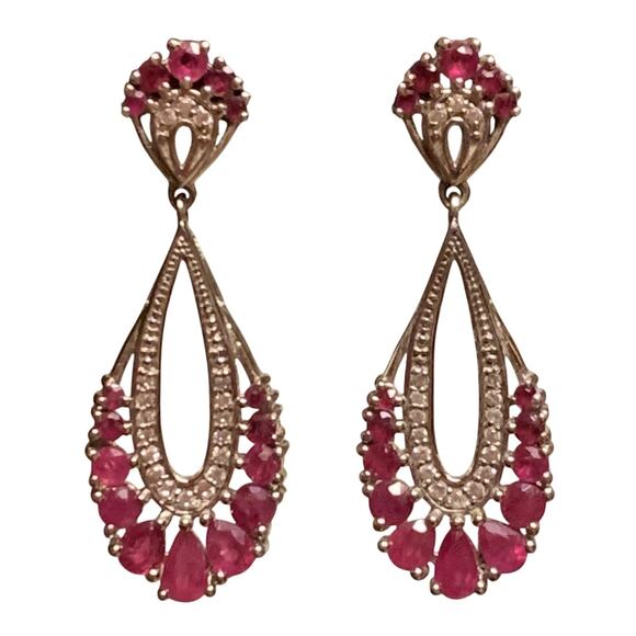 Sterling Silver, Natural Ruby and CZ Dangle/Drop Earrings Vintage - Picture 5 of 8
